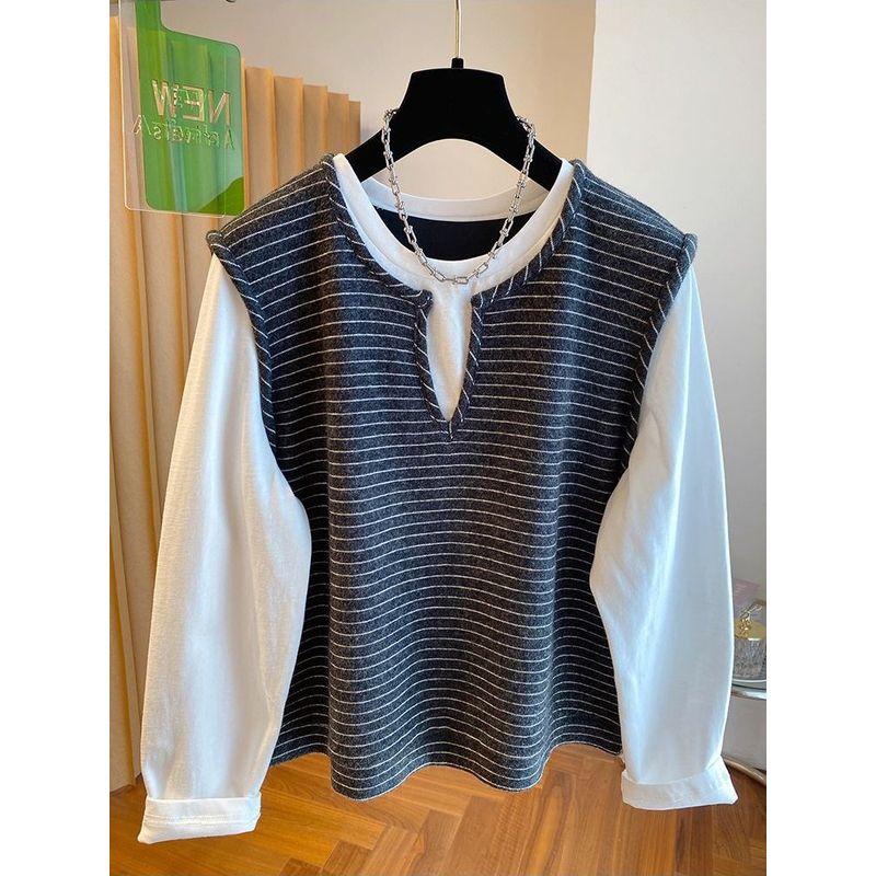 

Plus-Size Women s Striped Faux Two-Piece Long-Sleeve T-Shirt, Loose Fit, Korean Style, Suitable for Spring and Autumn Dark Gray 4XL (Recommended 100kg-120kg)