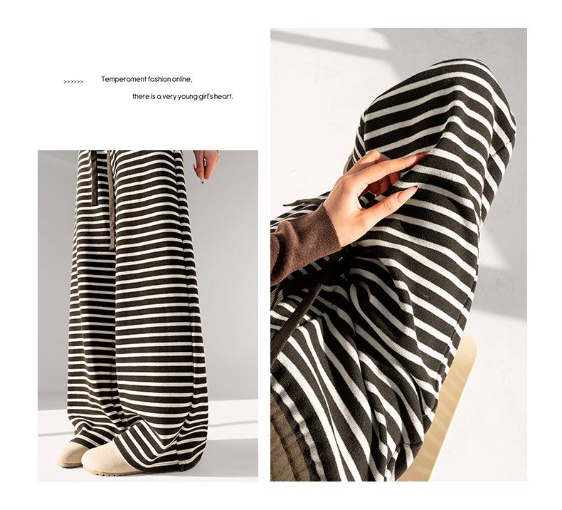 2025 Winter High-Waisted Coffee Striped Plush Pants for Petite Women: Loose, Wide-Leg, Straight-Leg Style.