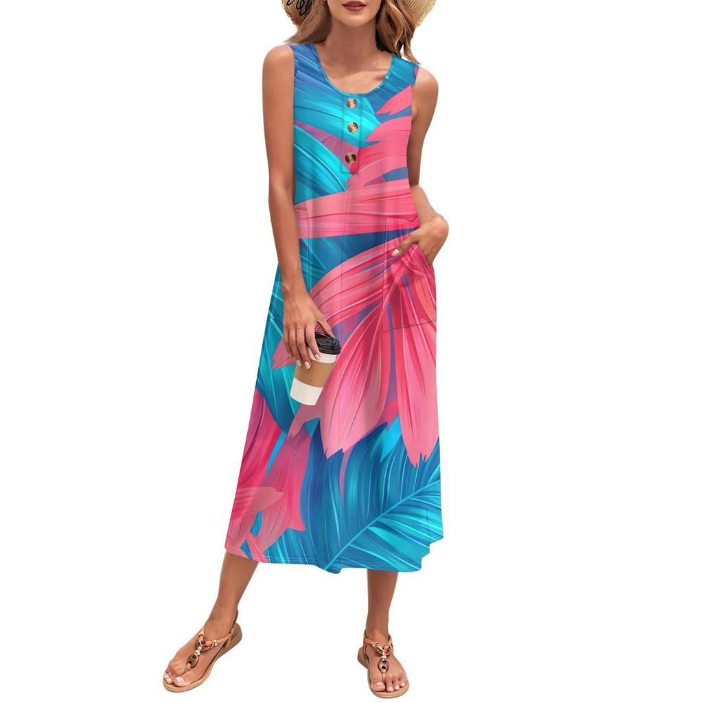 Women's Summer Maxi Dress Sleeveless Button Down Casual Loose Long Beach Sundress Travel Vacation Outfits