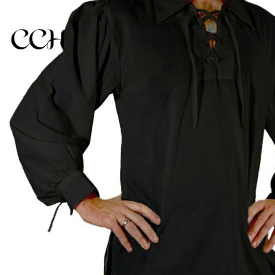 Loose Fit Pullover Shirt Adult Men Medieval Renaissance Cosplay Lapel Long Sleeve Lace-up Tops Solid Color