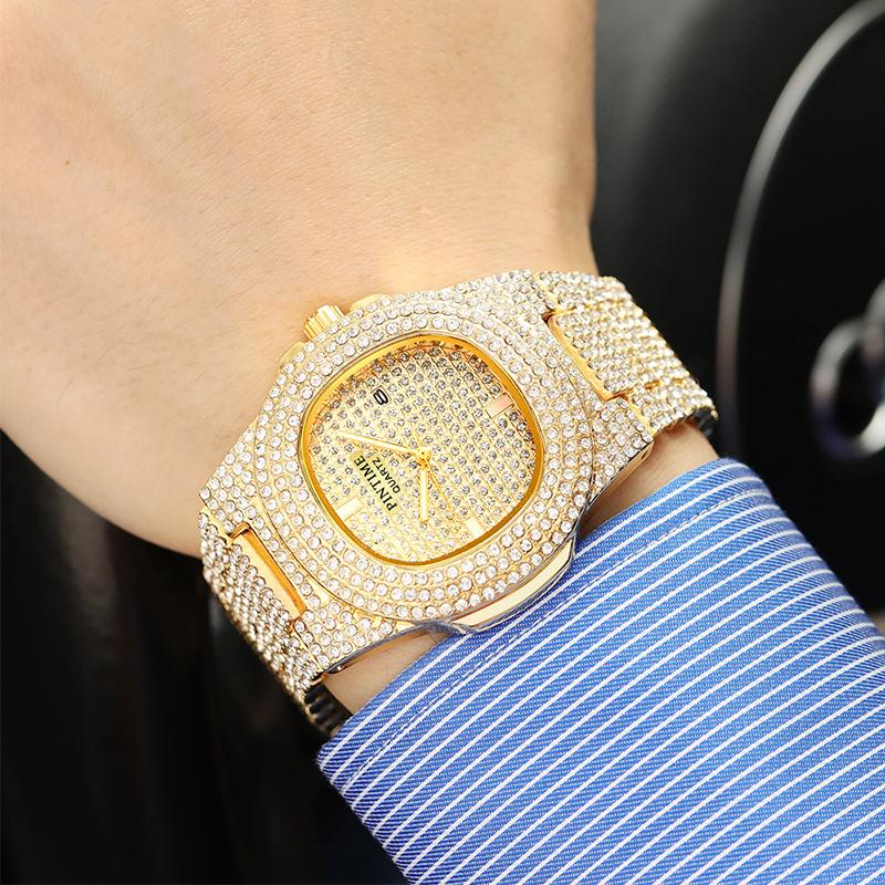 PINTIME Luxury Men's Watches Iced Out Diamond Case Waterproof 30m Stainless Steel Clasp Fashion Quartz Wristwatch Calendar Reloj
