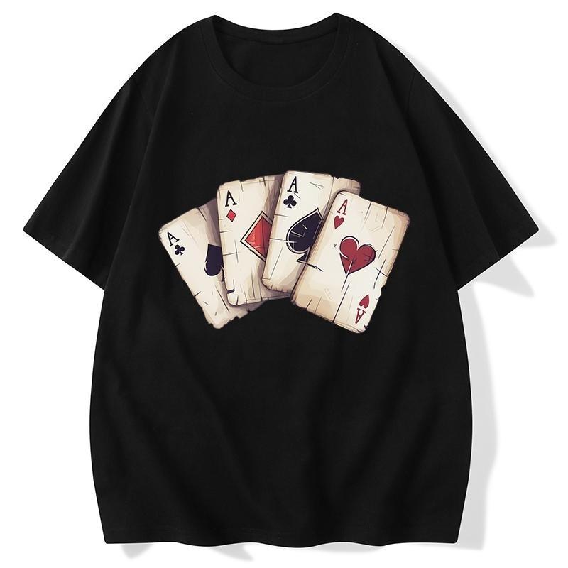 

2025 New Solid Color Playing Card Printing Design Sense Round Neck Short Sleeve T-shirt Men s Large Size Loose Cotton Street Top 4XL