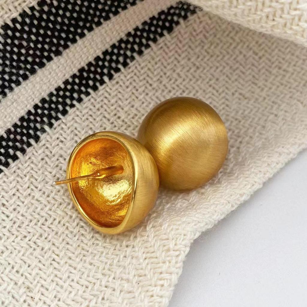 925 Silver Brushed Matte Round Ball Stud Earrings - Retro Hong Kong Style