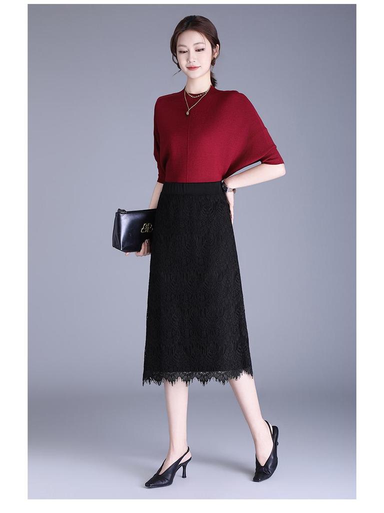 2026 Spring/Summer Black Lace Korean Style Slim Midi A-line Skirt