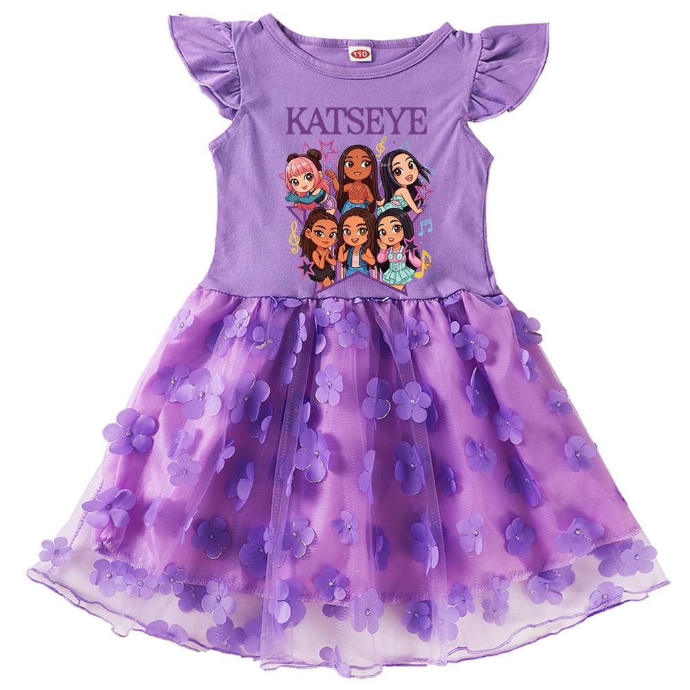 

9197 Girls Cartoon MANON SOPHIA DANIELA LARA MEGAN YOONCHAE Print Short Sleeves Flower Dress 140cm фіолетовий