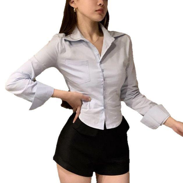 Female Korean White Office Women Chiffon Shirt Pocket Button Lapel Ladies Blouse Spring Commuter Long Sleeve Crop Tops