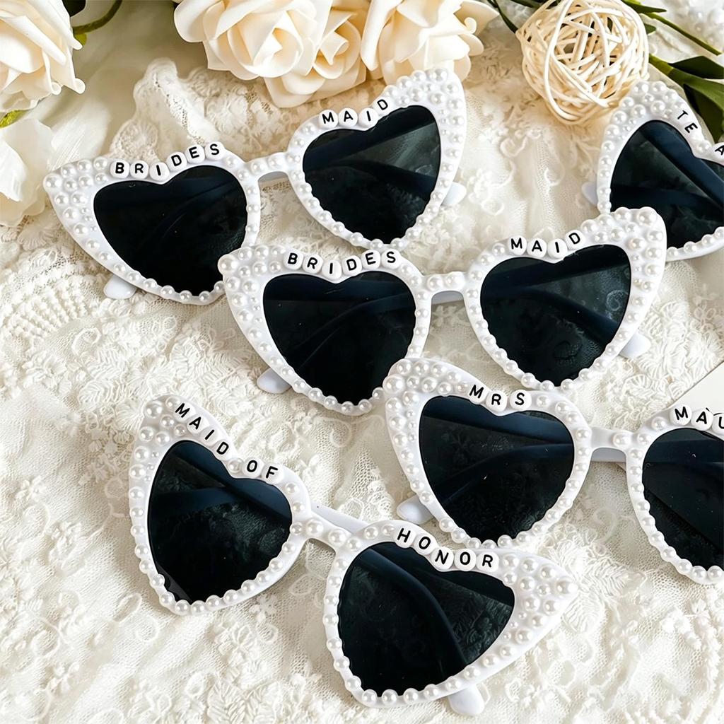 Just Married White Pearl Letter Wedding Glasses for Groom, Bride, Bridesmaid