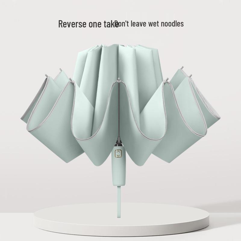 10-Rib 280T Pongee Automatic Three-Fold Inverted Umbrella with Silicone Strap Handle for Sun and Rain