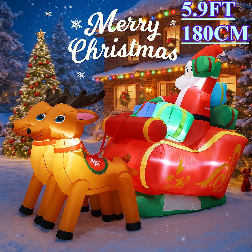 5.9FT Christmas Holiday Inflatable Yard Decor Santa Sleigh Reindeer Xmas Toy Home Decoration LED Supplies Ornament Gift Decor