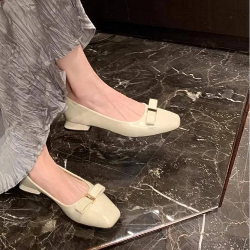 Fashion Single Shoes Women 2025 New Spring Square Toe Bow Block Heel Red Light Mouth Grandma Shoes