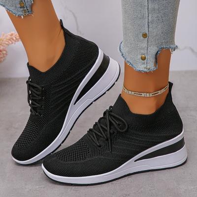 Trendiga Damsneakers med Kilklack Vår Höst Ny Ankomst Casual Tjock Sula Stickad Mesh Andningsbara Platåskor