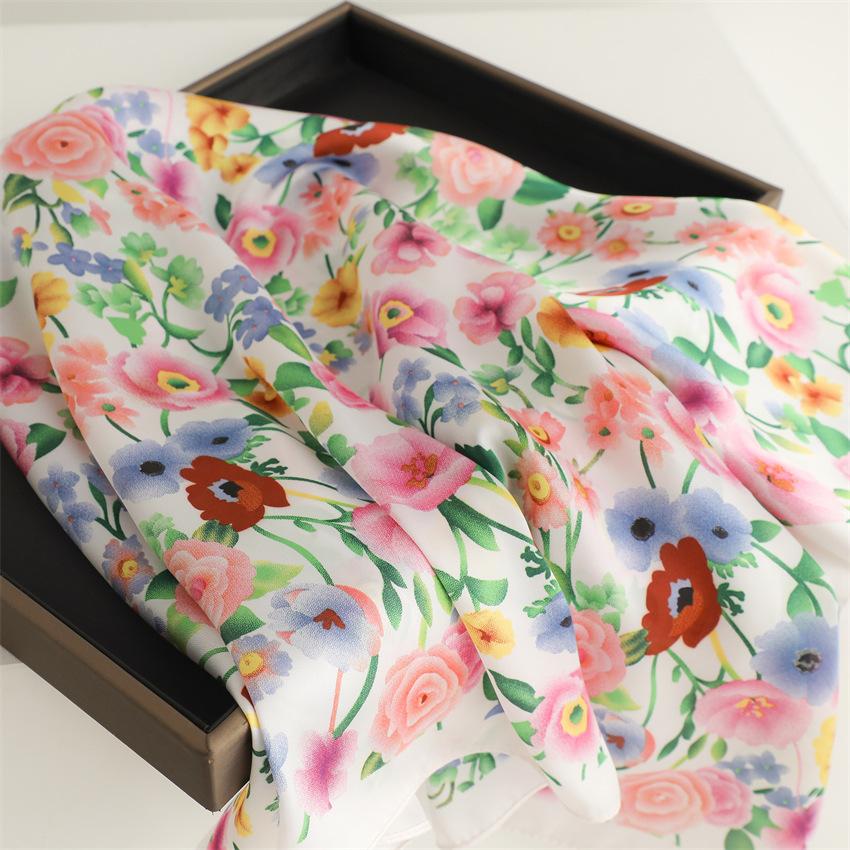 New Colored Flower Silk Scarf Sunscreen Shawl Sweet and Fresh Scarf Imitation Silk 71cm Square Scarf Professional Scarf Women