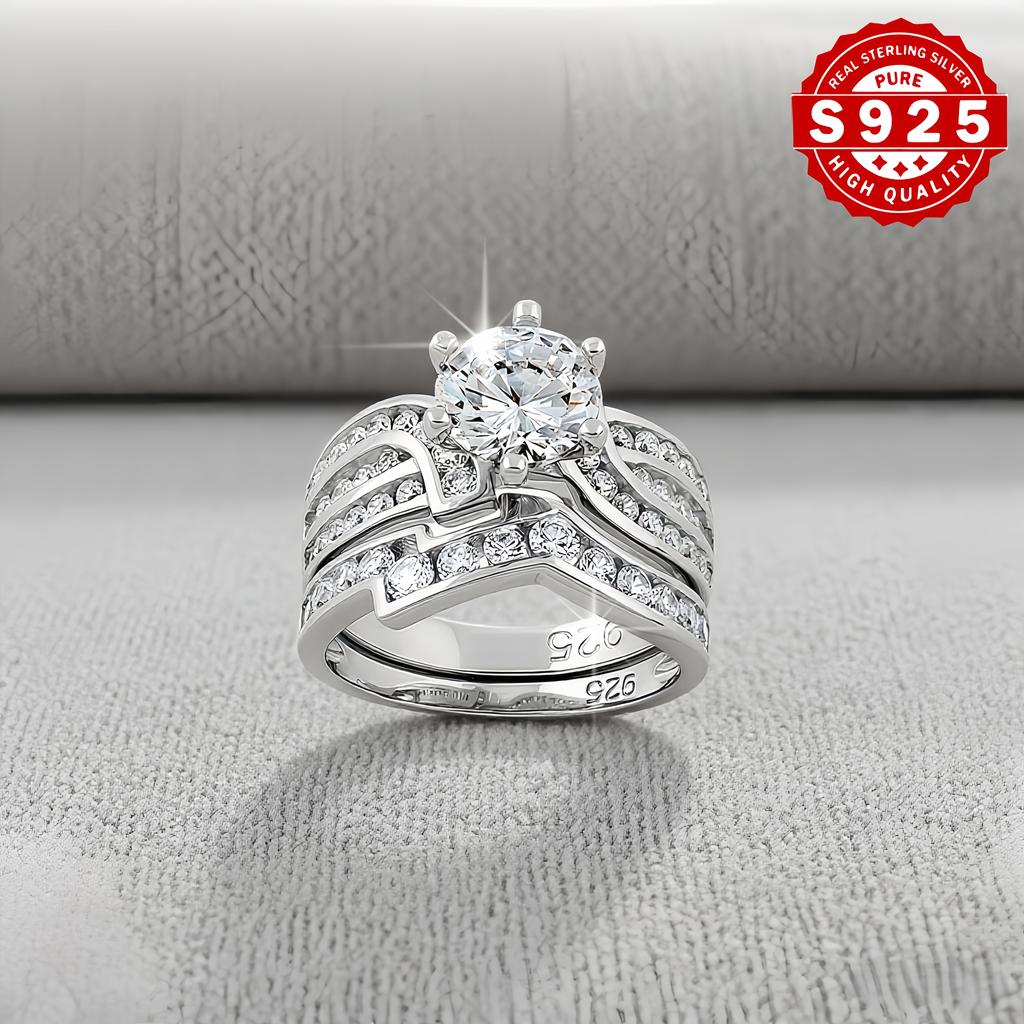 2Set S Silver Fashionable Elegant Engagement Set Ring Inlaid with High-Quality Shiny Synthetic Stones3A Zircon is a perfect jewelry gift for women