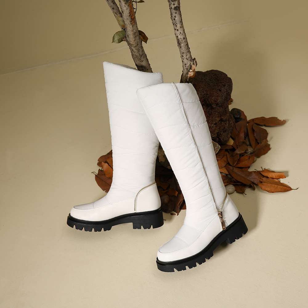 Krazing Pot PU Down Boots Cold-resistant Winter Shoes Med Heels Size 44 Super Size Snow Boots Zipper Round Toe Keep Warm Thigh High Boots
