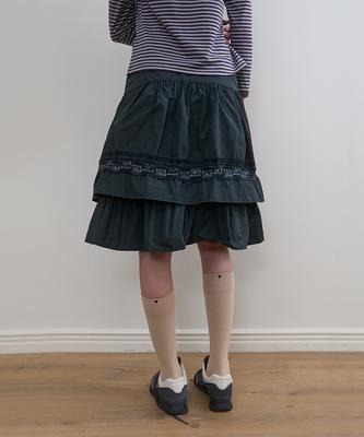 Nokeontencheu 337. Tiered Lace Skirt _ Dark Green