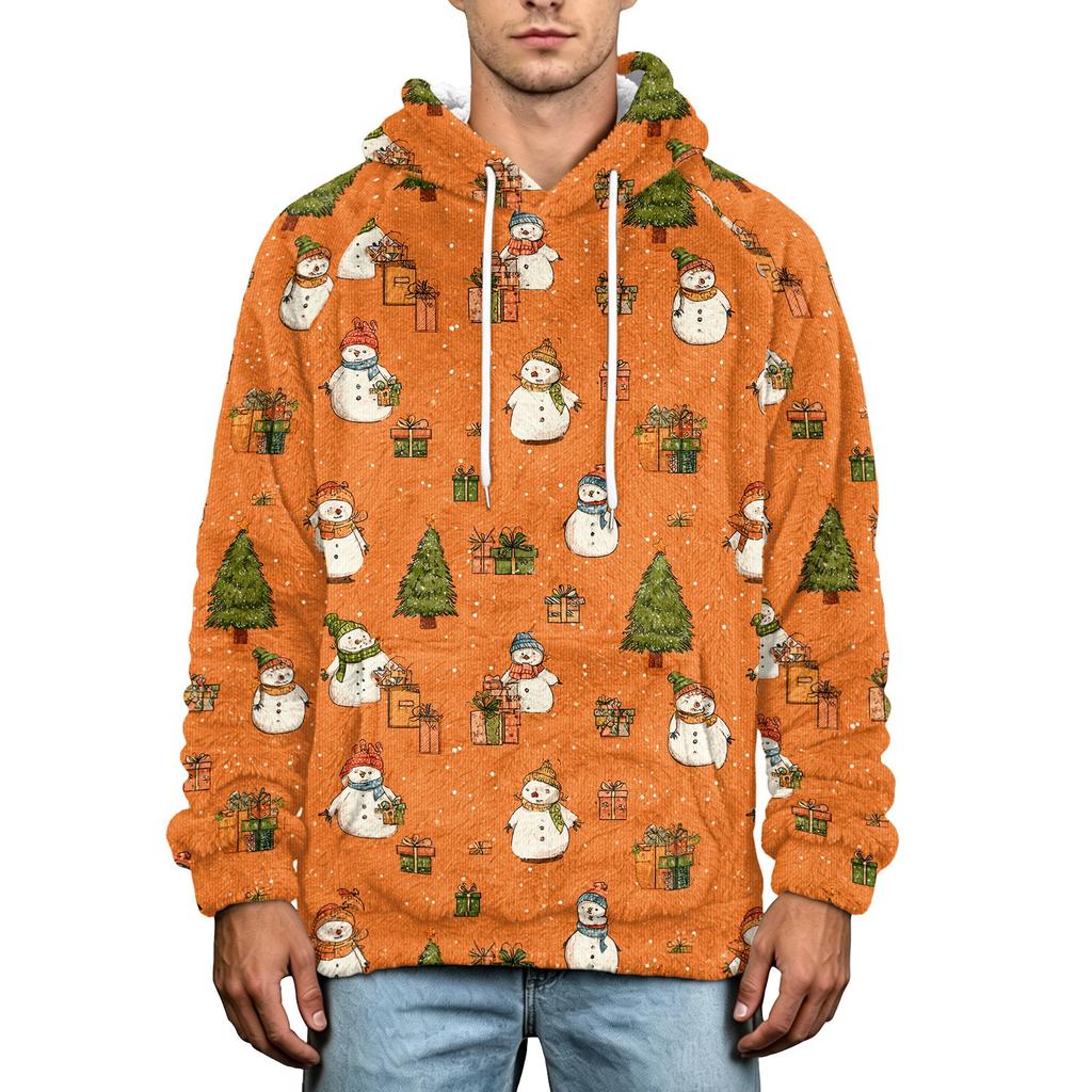 Men's Christmas Print Flannel Hoodie Plus Size Casual Hooded Sweatshirt for Fall and Winter