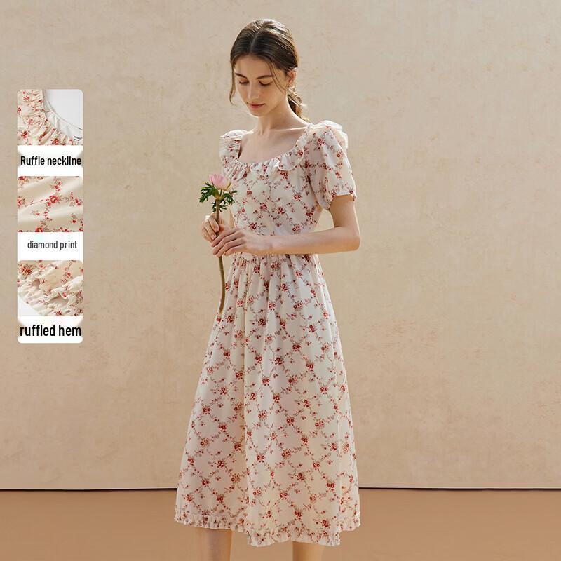 INMAN French Retro Floral Square Neck Midi Dress L