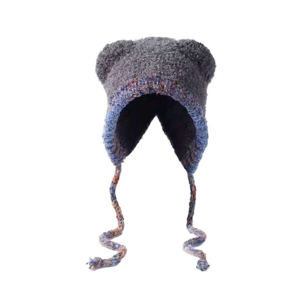 Fashion Bear Ear Knitted Woolen Hat Windproof Thickened Beanies Cap Keep Warm Ear Protection Cap for Women