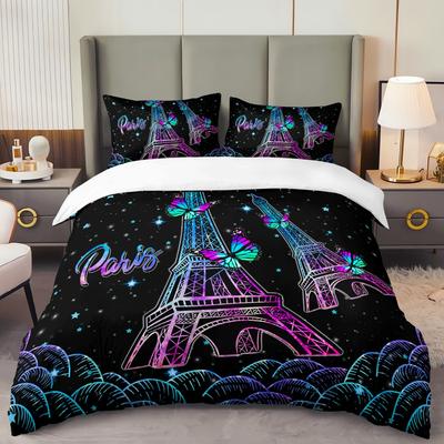 3-teiliges schwarzes Bettwäsche-Set Paris Eiffelturm 3D-Druck Gemütlicher Bettbezug King Queen Einzelgröße Geburtstagsgeschenk für Schlafzimmerdekoration für Erwachsene