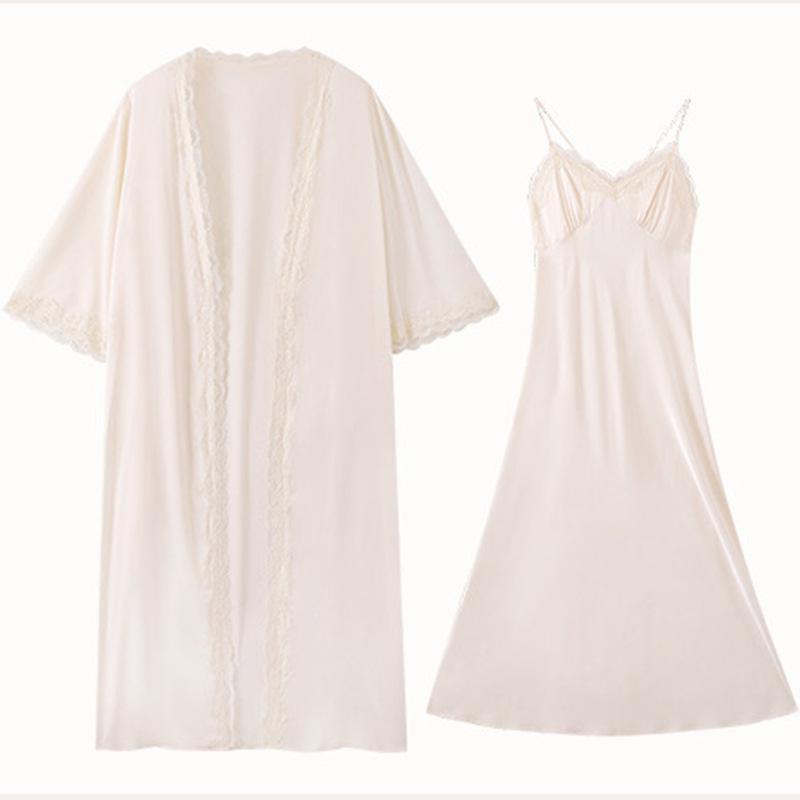 Sexy pajamas women's ice silk summer with chest pads, suspenders, nightgown, two-piece set, long over-the-knee silk loungewear