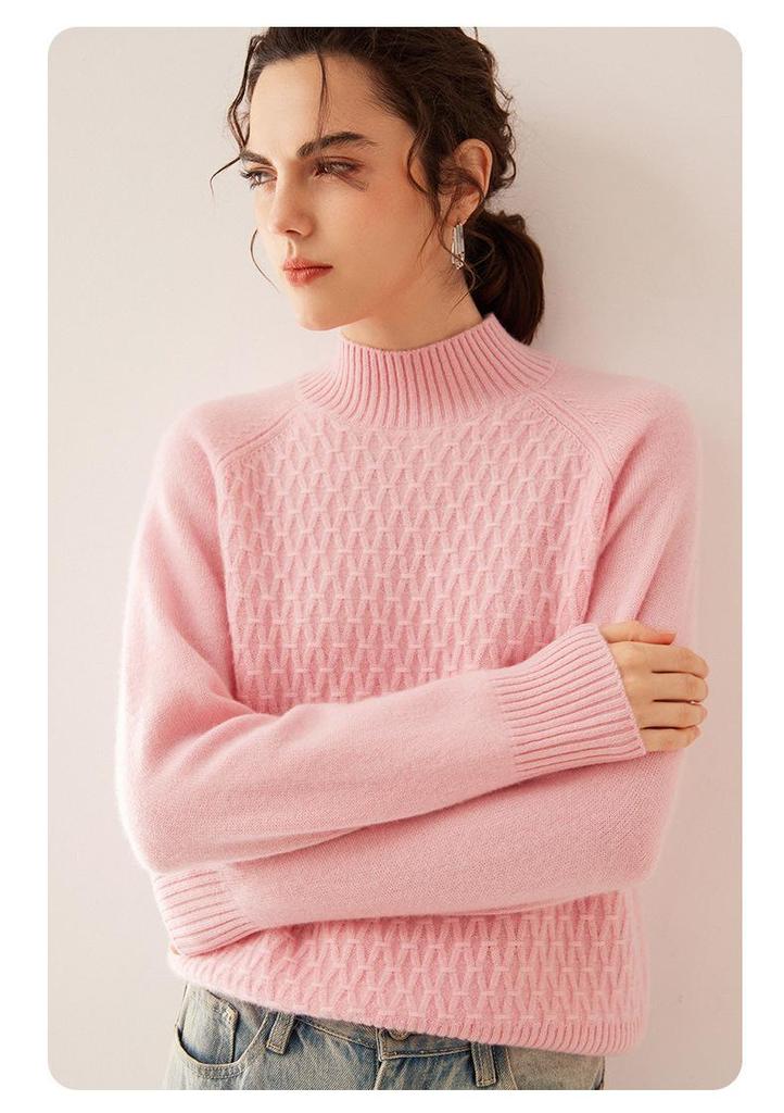 Women's Cashmere Cable Knit Sweater - Loose Fit, Double-Strand, Half-High Collar, Solid Color, Short Style, Perfect for Autumn and Winter