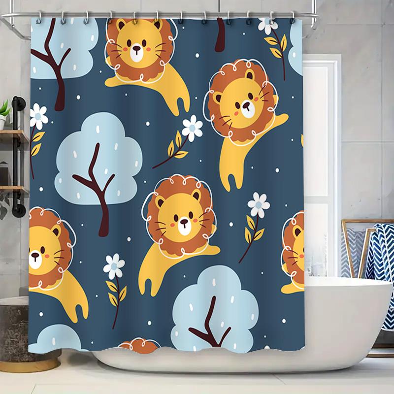 

Cute Cartoon Lion Family Blue Shower Curtain For Kids Bathroom Decor Modern Printed Waterproof Fabric Shower Door Cover Home Acc W60H190(CM)-1 Pcs