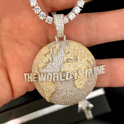 Fashion Two Tone Color Earth Map Letters Earth the World Is Mine Pendant Necklace Iced Out Bling CZ Charm Men Hip Hop Jewelry