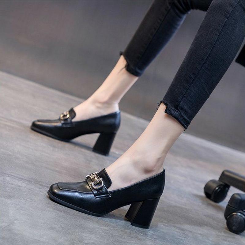 FHC New Soft Women Pumps,High Heels,Loafers Shallow Shoes,Square Toe,Slip On,British Style,Black,Beige,Dropship