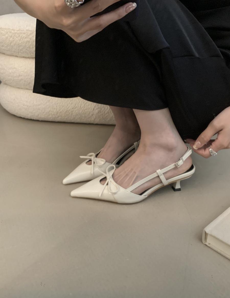 

2025 spring new French small heel thin heel pointed bow bag head sandals with skirt hollow women s shoes 39 абрикосовый