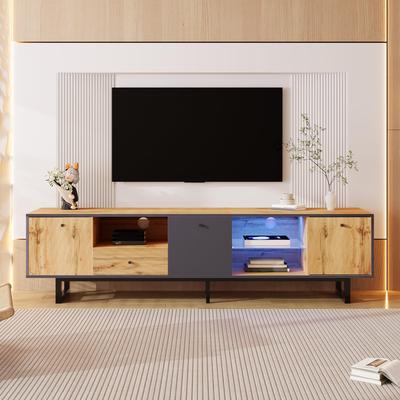 Lowboard TV-Schrank, mit LED-Lichteffekt, Glastrennwand, Pufferscharnier, industrielles Design, 3 Türen, 3 Fächer, 1 Schublade, hochwertig & langlebig
