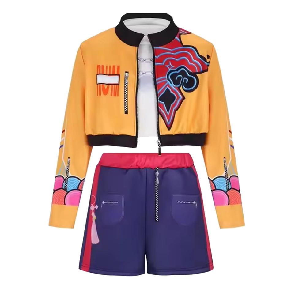 Nouveau Costume de Spectacle Pop Star Cosplay Ensemble Fille 3 Pièces Ensemble Haut et Short Ensemble Costume de Scène Danse Hip-hop 3-4T(110) orange