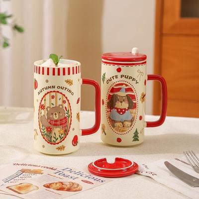 480ml Weihnachts-Cartoon-Keramiktasse mit Deckel – Niedliche Feiertags-Kaffeetasse für Kinder & Erwachsene