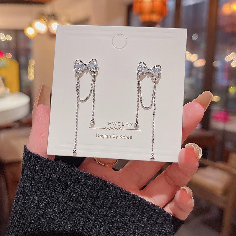 Long Fringed Zircon Earrings Light Luxury Niche Versatile Temperament Bow Stud Earrings