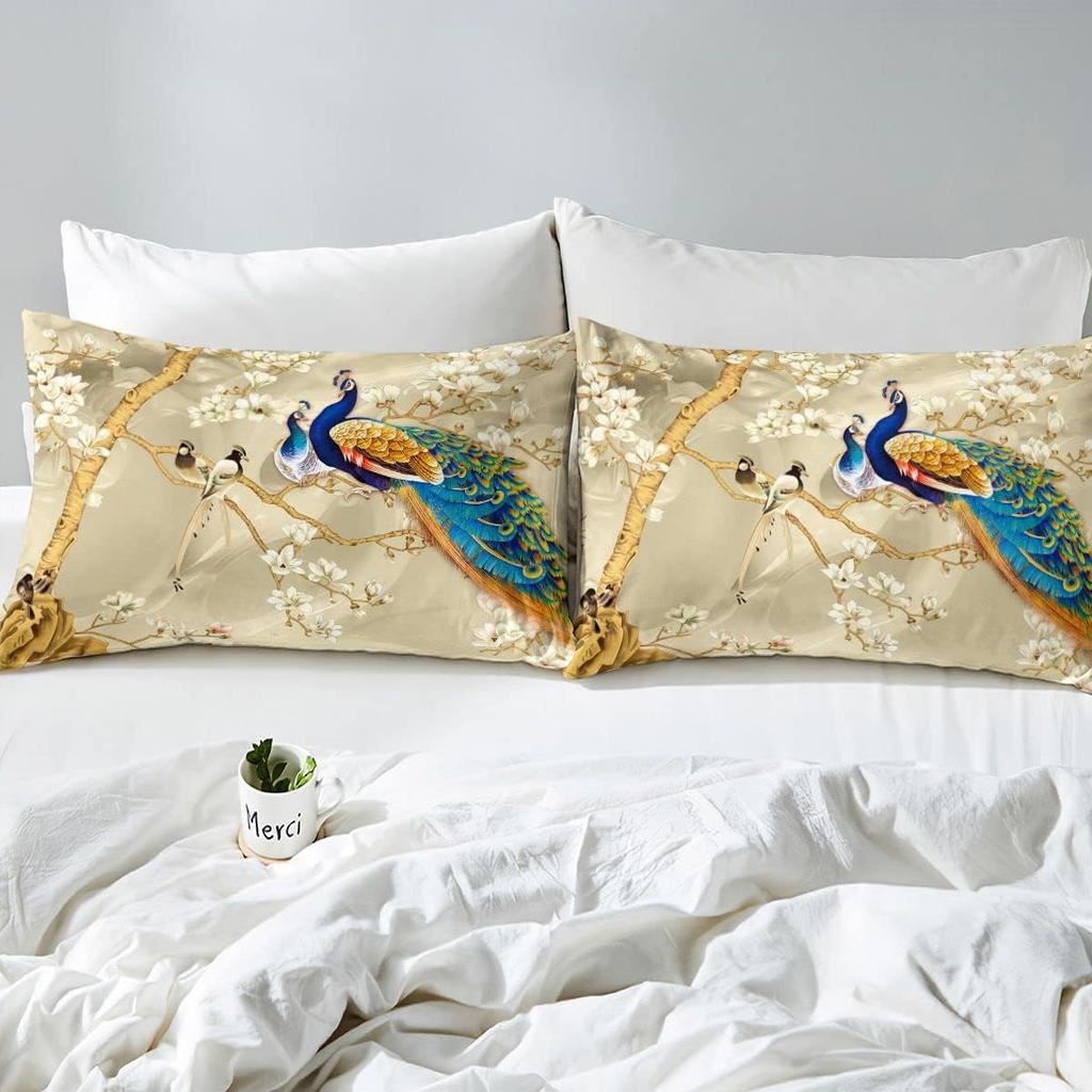 Peacock Duvet Cover Set Double Size Botanical Floral Bedding Set With 2 Pillowcases For Kids Girls Adults Animals