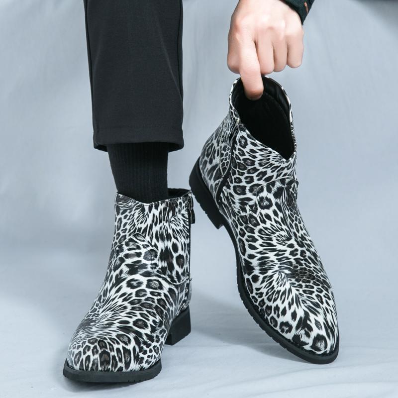 Men’s Leopard Print Boots Dress Formal Leather Boots Pointed Toe Shoes Tuxedo Wedding Shoes Plus Size