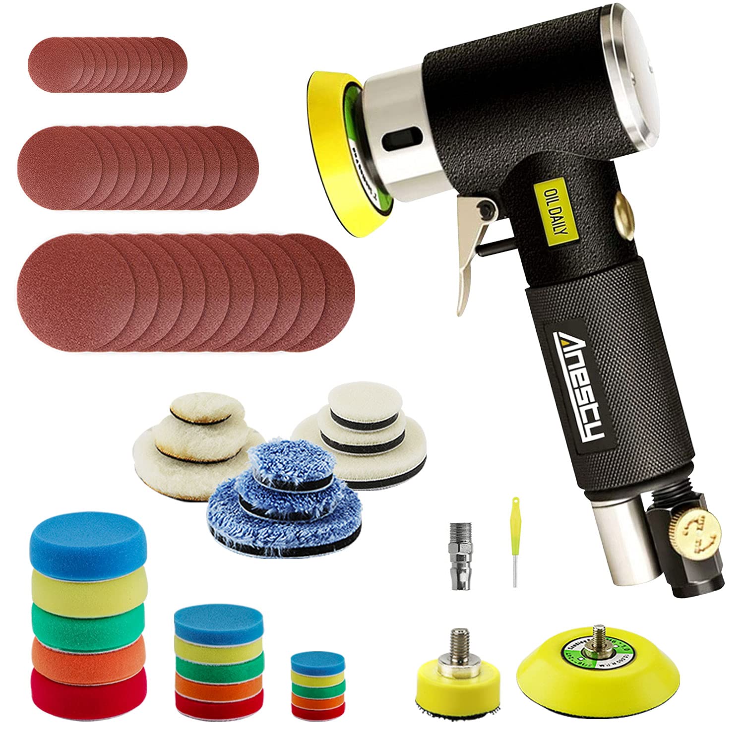

Anesty Air Air Eccentric Rotating Polisher Air Orbital Hand Sanding Includes 3 Sizes of Polishing 9 Wool 15 Sponge and 30 Sheets of Sandpaper Sander,