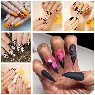 24 Stück Mittellange Stiletto Falsche Nägel Abnehmbare Halloween Stil Nägel Tragbare Künstliche Nägel Vollabdeckung Nagelspitzen Aufkleber Deko