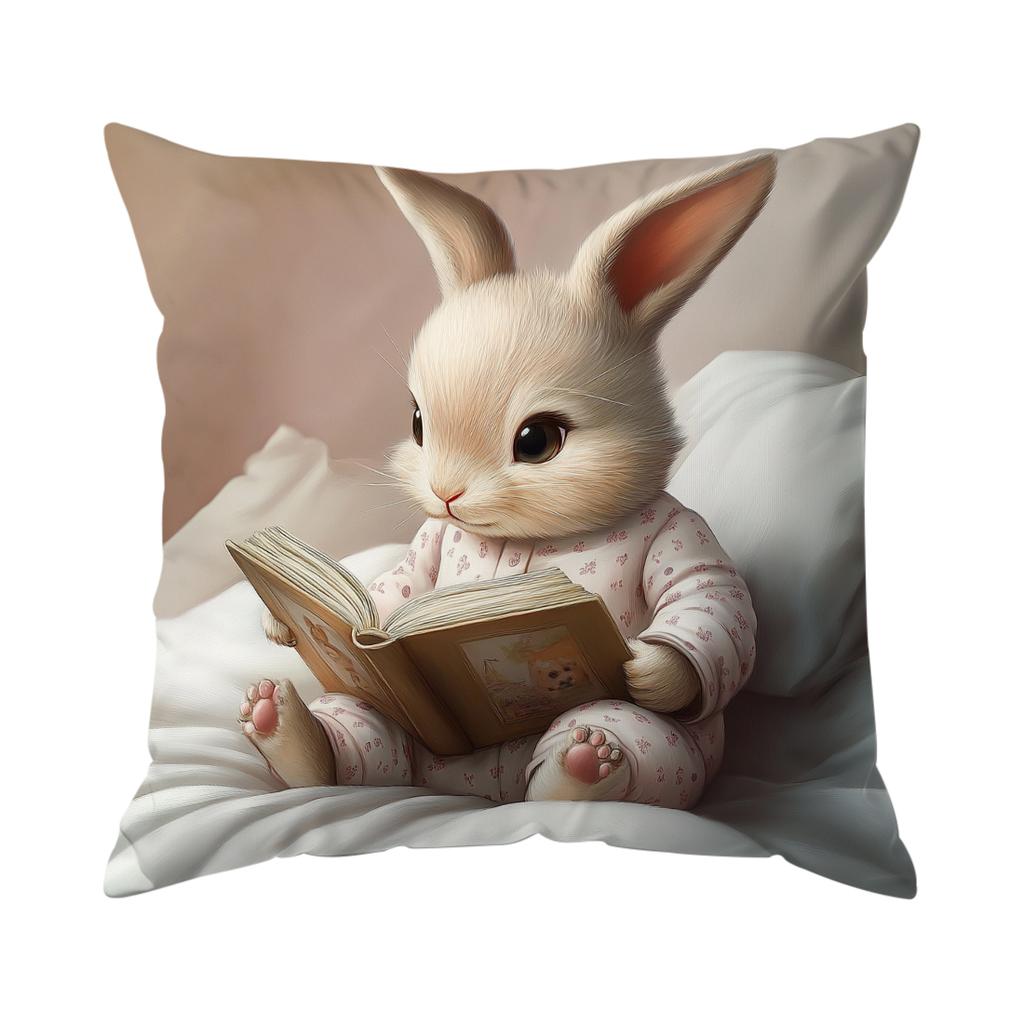 Cute Rabbit Reading Pillowcase Bedroom Sofa Cushion Cover 100% Polyester Living Room Cushion Pillowcase Home Comfortable Decor