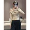 Asymmetrical Off-Shoulder Slim-Fit Long-Sleeve T-Shirt for Women - 2025 Autumn Elegant Pleated Design
