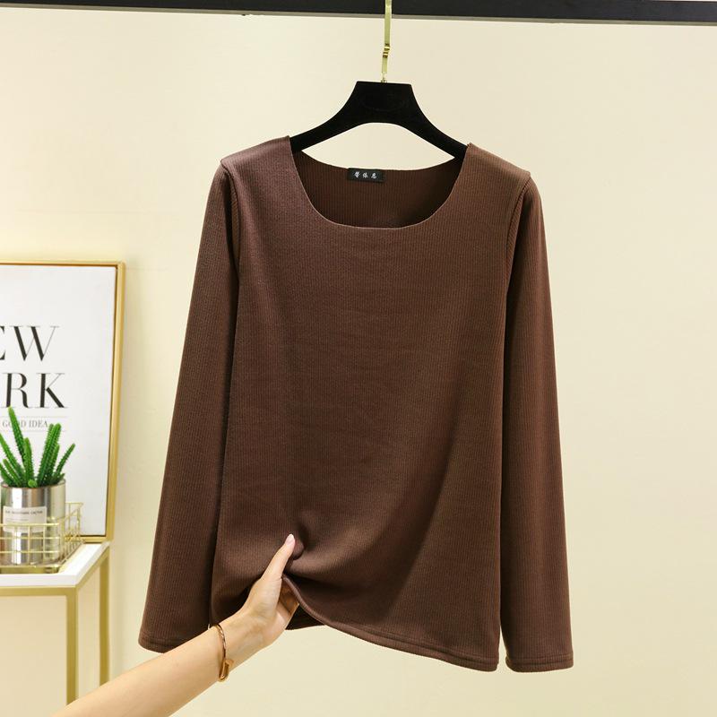 Women's Autumn/Winter Plus Size Fleece-Lined Brushed Round Neck Base Layer Top - Solid Color Warm Innerwear