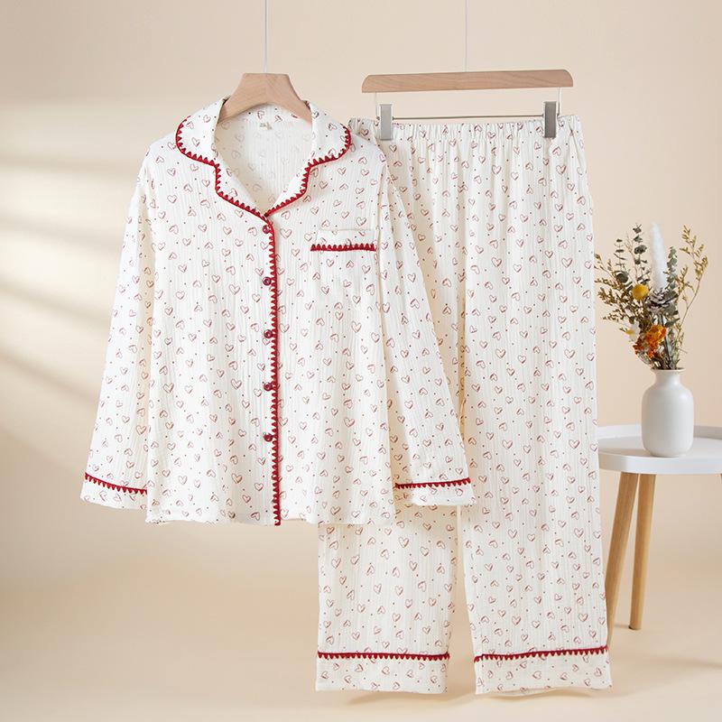 Pajamas women's autumn pure cotton double-layer cotton yarn crepe lapel cardigan love loose plus size loungewear set