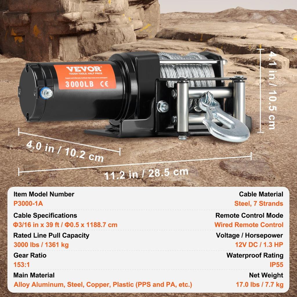 Elektrische Winde ATV UTV 3000 lbs Stahlseil IP55 Wasserdicht Kabelgebundene Steuerung
