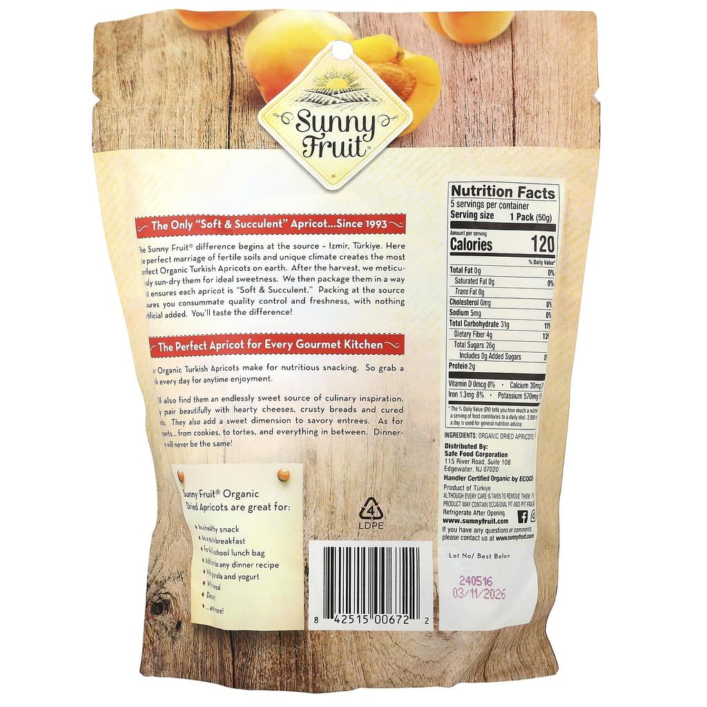 Sunny Fruit, Organic Dried Apricots, 5-Serving Pack, 50g (1.76oz) Each