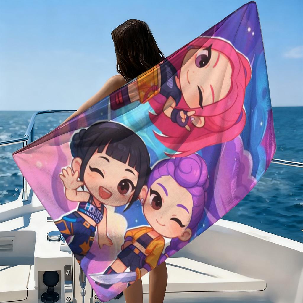 1pc Cute Chibi Girls Beach Towel Pink Purple Cartoon Quick Dry Microfiber Bath Towel for Swimming Surfing Camping Unisex Holiday