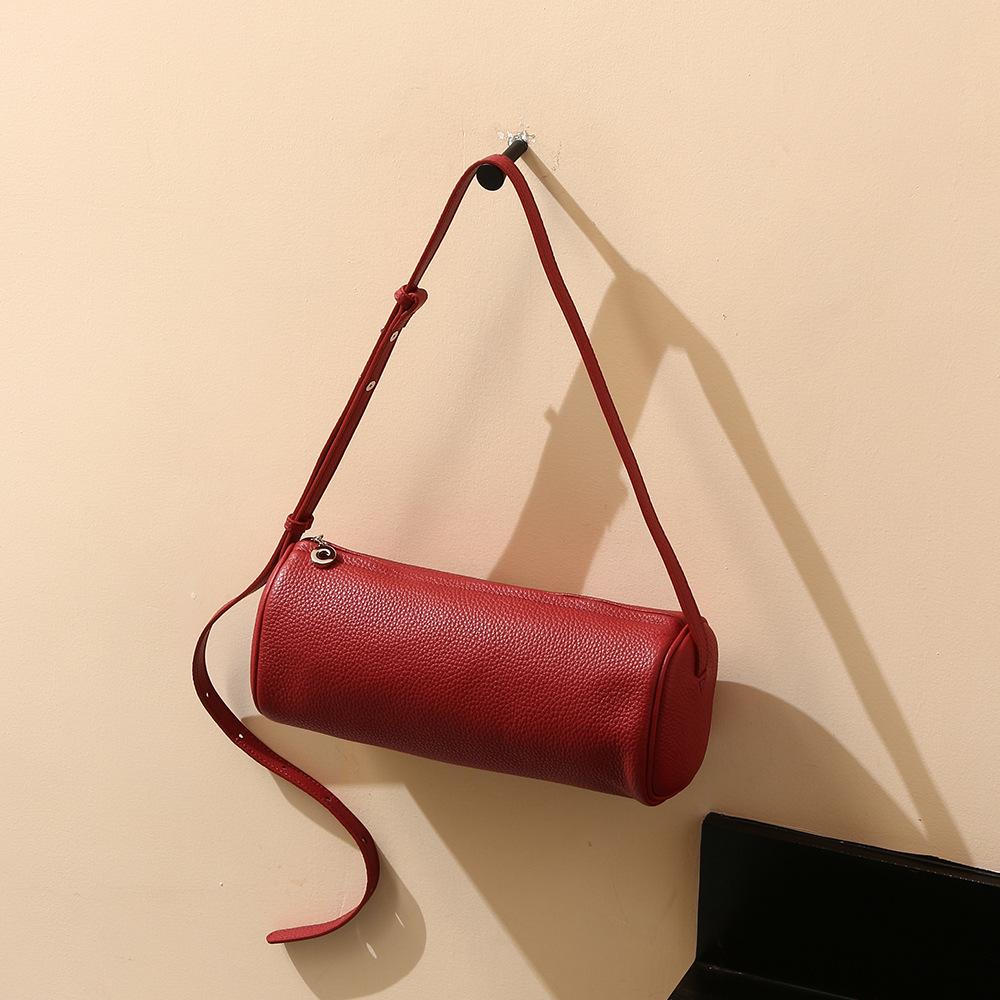 Simple Style Genuine Leather Bag Women's Fashionable Commuting Round Bag Trendy Crossbody Bag