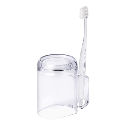 Like-it hygienic gargle cup with drainable water stand. Lightweight, clear resin mug, approximately 10cm wide x 7.2cm deep x 10cm high. Made in Japan.