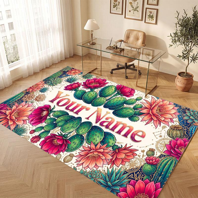 Floral Garden Theme Crystal Velvet Floor Rug Personalized Custom Name Text Warm Carpet Home Decoration