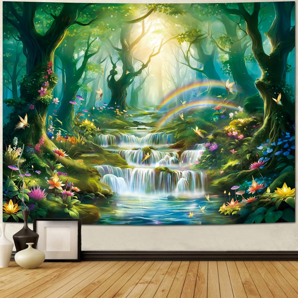 Fantasy Landscape Tapestry Forest Tree Tapestry Colorful Plant Nature Green Tapestries Magical Waterfall Aesthetic Tapestries 70x100CM