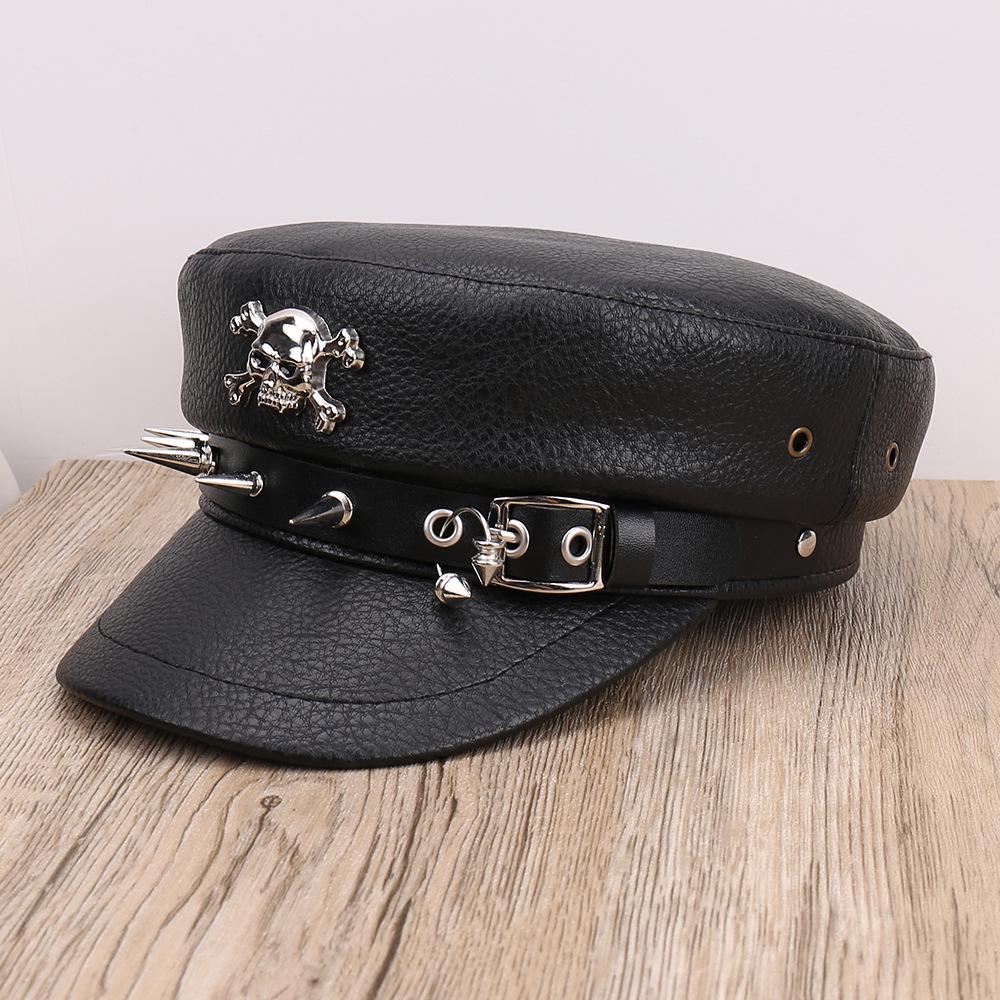 Punk Stil Flache Kappe Herren und Damen Persönlichkeit Leder Lange Nieten Leopardenmuster Silberne Kappe