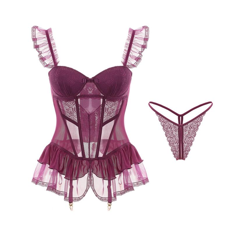 Women’s Sexy Sheer Mesh Nightdress Underwire Padded Plus Size Lace Lingerie Set with Thong